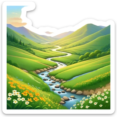 Cinematic Realistic Valley Emoji, Lush and serene, with gently sloping hills surrounding a vibrant green valley filled with wildflowers and a small stream. The soft, golden sunlight filters through the valley, casting peaceful, warm shadows across the landscape. Soft glowing outline, capturing the essence of natural peace and gentle beauty in a sprawling valley. sticker
