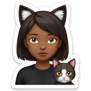 a girl with short dark brown hair with lots of dandruff , cat ears and a tail, with a black t-shirt on sticker