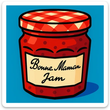 Bonne Maman jam jar, red and white checkered lid, handwritten label, in a vibrant toon style sticker