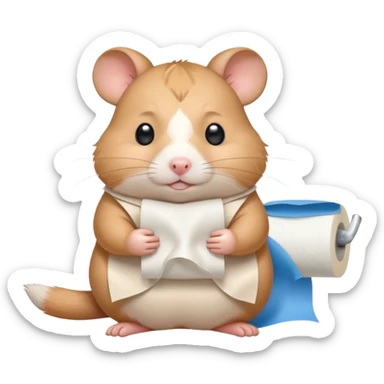 Cute chubby cartoon-style hamster holding toilet paper sitting on toilet looking as if he had an accident, sticker-style illustration sticker