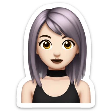 A Emo girl with pale white skin short-long brown hair with pink on the bottom tips with side bangs in pigtails and wearing a fish net black turtle neck halter top sticker