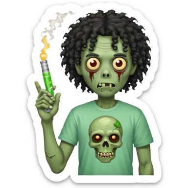 black mid long curly haired zombie getting stoned with weed t shirt and bong on his hand sticker