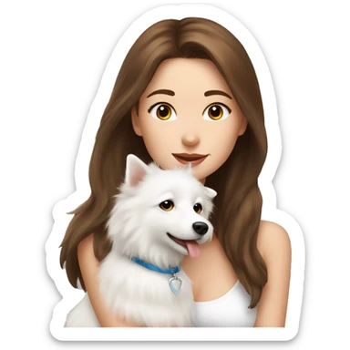 beautiful girl with brown hair kissing her white spitz dog sticker