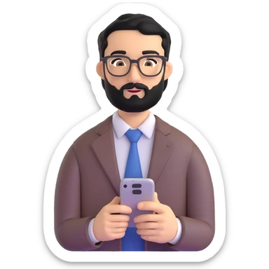 professional man with medium black beard, neat black hair, connected unibrow, olive tan skin, brown eyes, glasses, prominent nose, wearing business casual attire, holding a smartphone in hand sticker