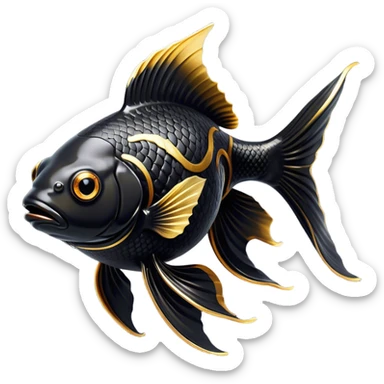 Cinematic Noble Black Goldfish Portrait Emoji, Poised and regal, with a sleek, streamlined build and a lustrous, deep black body, deep-set soulful golden eyes, Simplified yet sharp and sophisticated features, highly detailed, glowing with a soft, dignified glow, high shine, intelligent and graceful, stylized with an air of aquatic elegance, focused and attentive, soft glowing outline, capturing the essence of a watchful and confident aquatic companion, so majestic it feels as though it could glide out of the screen with effortless authority! sticker