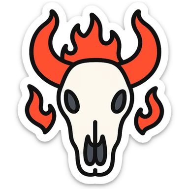 white bull skull with bright red-orange flaming horns sticker