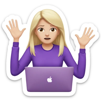 lady with long blonde hair, purple top throwing her with a laptop hands in the air saying why sticker