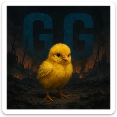 Yellow chick in a dark apocalyptic landscape with large, visible blue letters 'GG', dramatic and contrasting style, moody and intense environment. sticker