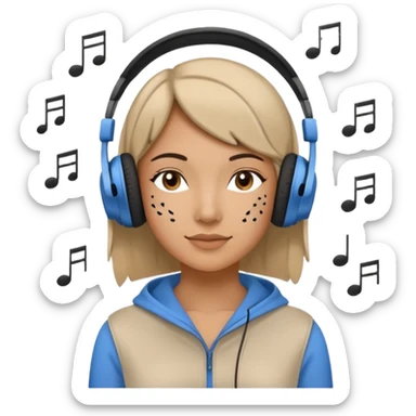 A stylized young woman lying on a massage table, relaxed, wearing headphones, small musical notes around the head. Flat vector style, thick black outline, simple palette (warm beige-brown tones + accent blue), clean background, high legibility at small size. 72x72, square, vector. sticker