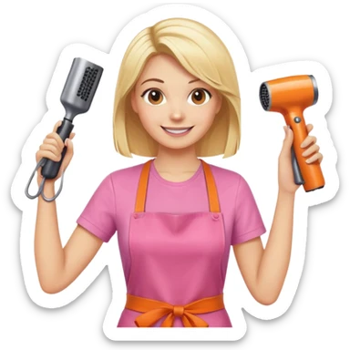 smiling blonde woman hairstylist wearing pink t-shirt and orange apron, hands raised, holding scissors and hairdryer clearly visible sticker