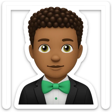 Change the man's hair to curly hair, keep the man with green bow tie, in apple emoji style, with no background. sticker