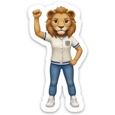 friendly anthropomorphised female lion wearing baseball shirt, jeans, trainers, standing upright with one fist raised, angry expression, no sunglasses sticker