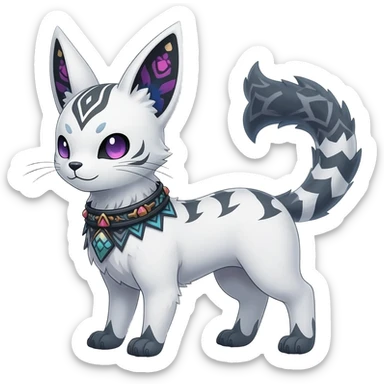 Rare white exotic cute epic aesthetic gothic colorful Salandit-Eevee-Civet-species-Fakemon-hybrid-creature, with a collar, and with intricate tribal markings, full body sticker