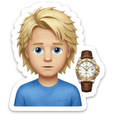 Create a look for a blond boy with long, tousled hair, light eyes, a white t-shirt, a wealthy appearance, blue eyes, and accessories like a Rolex or Cartier watch, and a cute face with messy hair down. sticker