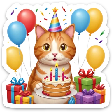 Ginger tabby cat celebrating birthday, birthday hat, birthday cake, balloons, happy, gifts sticker