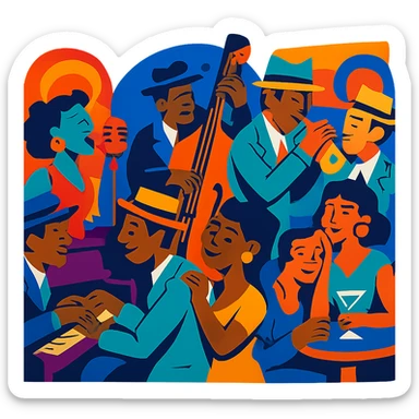 1940s jazz nightclub scene, vibrant toon style, energetic colors, no text sticker