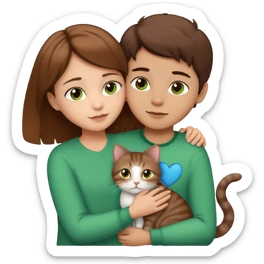 Crea un emoji donde salga un chico de pelo moreno con los ojos claros, una chica de pelo morena con los ojos marrones claros y UN gato europeo comun de pelaje marron oscuro y ojos verde claro, quiero que se esten abrazando el chico y la chica, y el gato este en el medio de los dos sticker