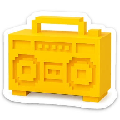 A boombox in voxel style, front view, yellow color sticker