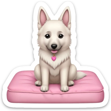 White belgian Shepard sit on a pink bed
  sticker