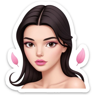 Kendall Jenner model, elongated face, long flowing dark hair, pink glossy lips, pink blush on cheeks, bare shoulders sticker