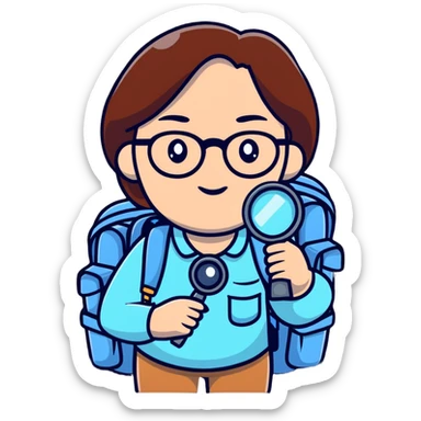 Cheerful woman hiker in her late 30s with glasses, backpack, and one magnifying glass in her right hand sticker