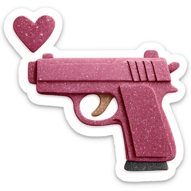 Add sparkling glitter details to the paper craft pink heart pistol, keeping the layered paper textures and handmade look, with no background. sticker