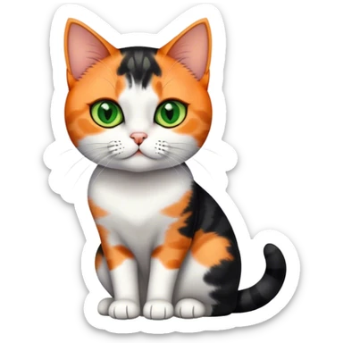 American shorthair calico cat with big green eyes and black fur on the right side of their face and orange on the left side sitting down sticker