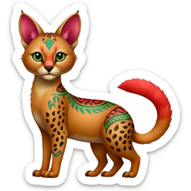 Colorful cute adorable tropical exotic fruity kiwi-green lemony rosy neon-red Caracal-Cheetah-Civet-Trico-fusion-hybrid-animal-creature, full body, with tribal tattoos sticker