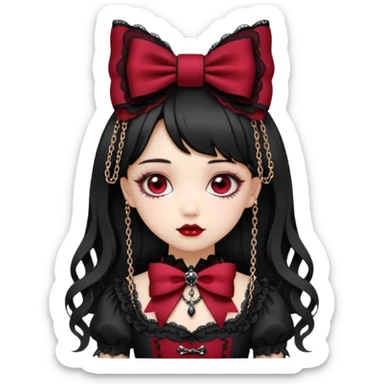 gothic lolita bow, ornate lace, black and crimson, delicate chains, Victorian influence sticker