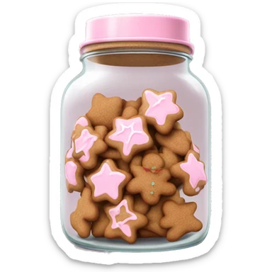 Realistic glass cookie jar with light pink lid full of gingerbread cookies isolated.  sticker