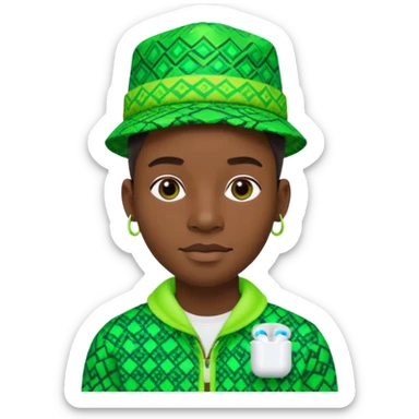 Create me an detailed emoji of a cool Young Nigerian prince wearing a neon green gradient African patterns with  a hat (a Nigerian-inspired patterned hat) and wearing apple airpods sticker