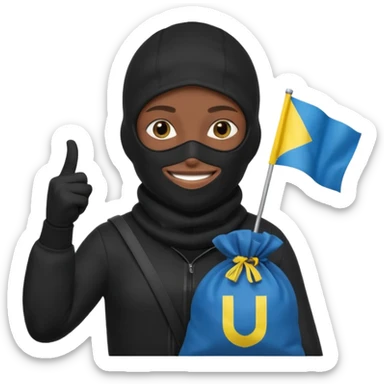 создай украинца в черное одежде и черной балаклаве с большим мешком денег на котором есть флаг страны в руках sticker