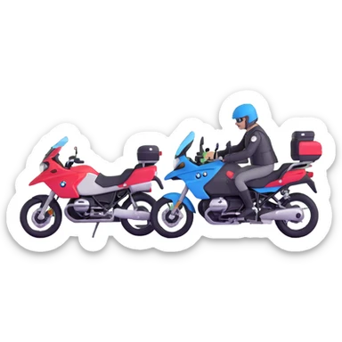 BMW motorcycles at a highway rest area with riders relaxing sticker