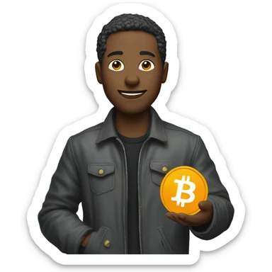 man in a jacket with bitcoin in her hands sticker