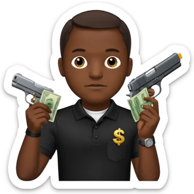 franklin saint from snowfall perhaps holding money and gun but he is with a black polo shirt sticker