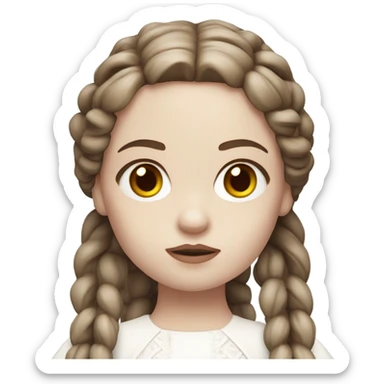 Doll with brown straight hair in braids, wearing a white dress and a serious expression. She has pale skin and a classic porcelain doll appearance, looking terrifying. sticker