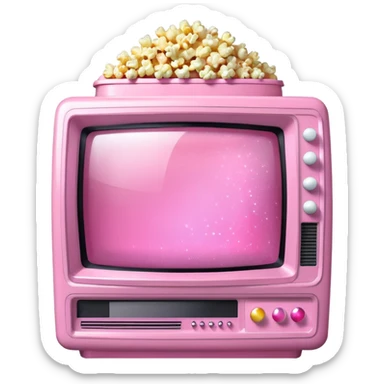 front view of transparent sparkly pink shiny CRT TV sitting on top of pink VCR, with pink/white rhinestone bucket of popcorn beside it sticker