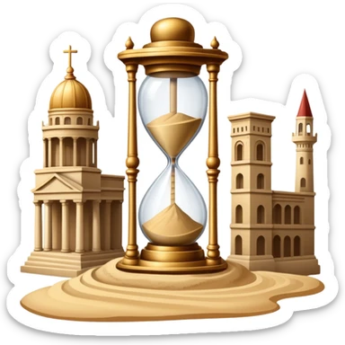icon featuring ancient scrolls, quill pen with famous historical landmarks and monuments in the background. Large, antique sand clocks with sand pouring out represent the passage of time. Historical figures are depicted as statues. Transparent background. sticker