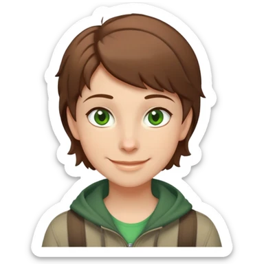 Rudeus Greyrat smiling warmly, green eyes, short brown hair, wearing travel clothes, friendly and kind expression sticker