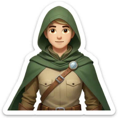 Clash of Clans aesthetic Cheerful Ranger Portrait Emoji, With a bright, confident expression and an alert, relaxed stance, showcasing a streamlined, rugged build in natural tones with a hood and cloak blending with the forest, his face in natural skin tone, Simplified yet expressive features, highly detailed, glowing with a soft, luminous woodland radiance, high shine, upbeat and brave, stylized with an air of classic forest heroism, soft glowing outline, capturing the essence of a cheerful ranger ready to embark on epic woodland quests! sticker