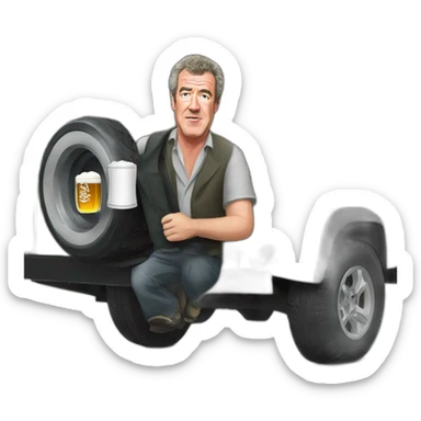 Jeremy Clarkson holding a beer near his land rover sticker