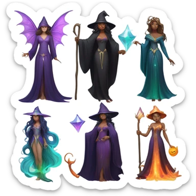A lady witch, a lady wizard, a siren, a fairy, and a merman sticker