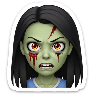 девушка зомби с темными длинными прямыми волосами, с черными макияжем глаз, тонкими бровями, со злым выражением лица и ровными белыми зубами в стиле Apple avatar sticker