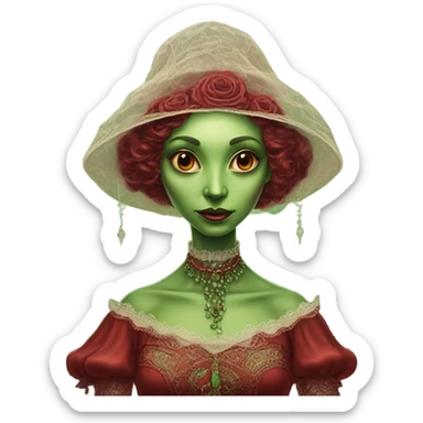 a green amazon alien woman in Victorian red sticker