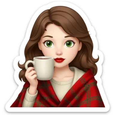 Long wavy brown haired, white skinned, dark green eyed girl with red lipstick wrapped in a blanket, sipping tea and reading a book sticker