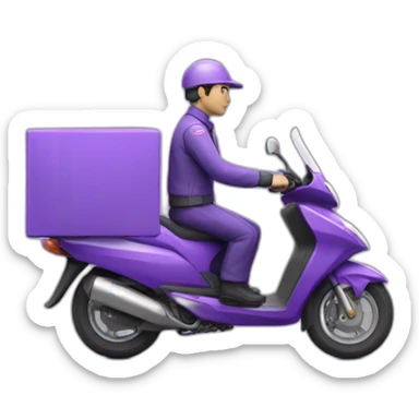 a purple delivery motorbike with delivery man and small b white logo sticker