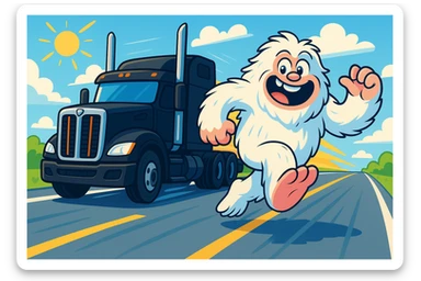 Edit the scene to depict a black semi truck chasing a smaller, more cartoonish abominable snowman on a highway. The setting should be lighter and brighter, with a cheerful and vivid atmosphere, emphasizing the cartoonish style of the abominable snowman and the dynamic chase on the highway. sticker