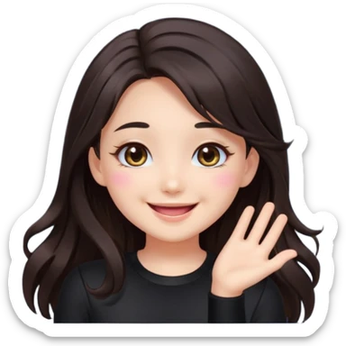 kawaii streamer girl, brunette, dark brown eyes, long dark hair, black outfit, smiling, sparkling eyes, blushing cheeks, happy expression, small stars around, emoji icon sticker