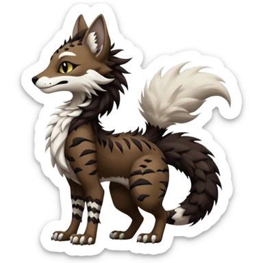 Brown and black and white fantasy feline-vernid-sergal-fursona animal creature with a tufted tail full body with intricate markings  sticker