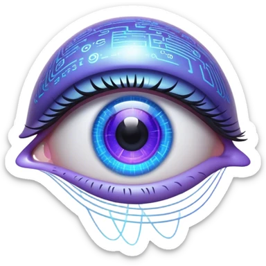 Futuristic emoji: a human eye displaying a digital interface with holographic data, neural patterns, and code. Sci-fi aesthetic with a glowing blue-purple color scheme, realistic details sticker